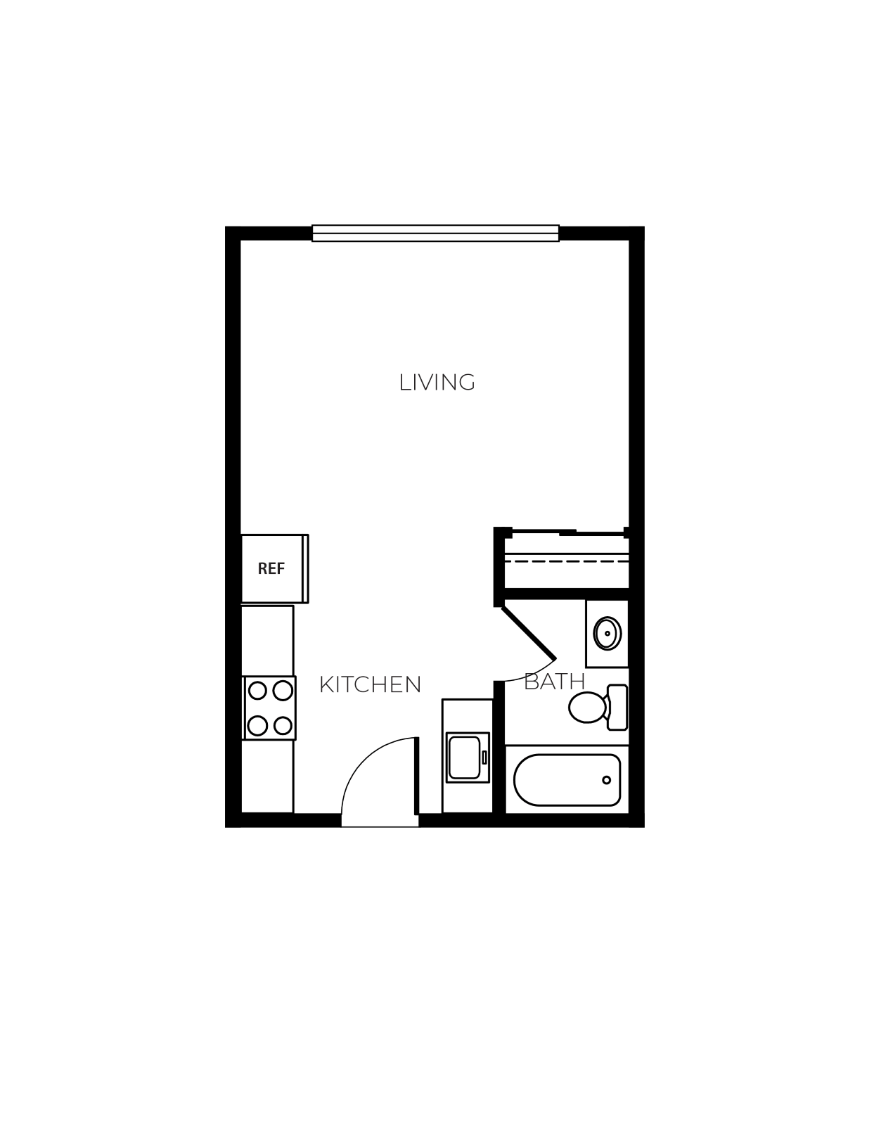 Floor plan for studio, 1 bath, 384 sqft